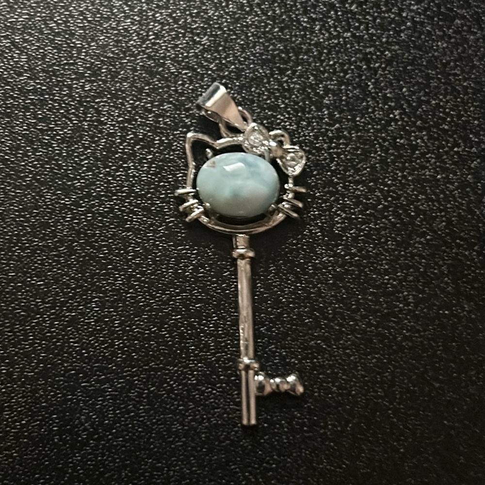 Silver-Toned Key Hello Kitty Pendant with Light Blue Larimar!